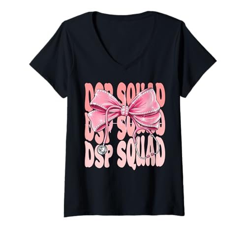 Damen DSP Squad Week Day for Women Pink Coquette Bow Stethoskop T-Shirt mit V-Ausschnitt Damen DSP Squad Week Day for Women Pink Coquette Bow Stethoskop T-Shirt mit V-Ausschnitt von Cute and Funny Groovy Coquette DSP Squad