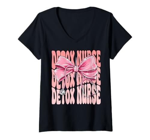 Damen Detox Krankenschwester Woche Tag für Frauen Kokette Schleife Stethoskop T-Shirt mit V-Ausschnitt von Cute and Funny Groovy Coquette Detox Nurse