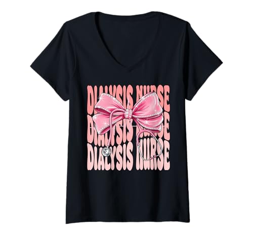 Damen Dialyse-Krankenschwesterwochentag für Frauen Kokette Bogen Stethoskop T-Shirt mit V-Ausschnitt von Cute and Funny Groovy Coquette Dialysis Nurse