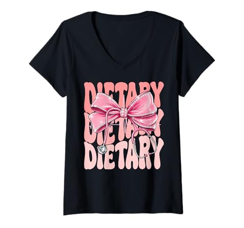 Damen Dietary Week Day for Women Pink Coquette Bow Stethoskop T-Shirt mit V-Ausschnitt Damen Dietary Week Day for Women Pink Coquette Bow Stethoskop T-Shirt mit V-Ausschnitt von Cute and Funny Groovy Coquette Dietary
