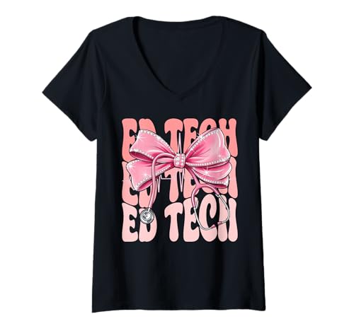 Damen Ed Tech Week Day for Women Pink Coquette Bow Stethoskop T-Shirt mit V-Ausschnitt Damen Ed Tech Week Day for Women Pink Coquette Bow Stethoskop T-Shirt mit V-Ausschnitt von Cute and Funny Groovy Coquette Ed Tech