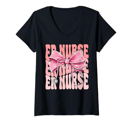 Damen Er Nurse Week Day for Women Pink Coquette Bow Stethoskop T-Shirt mit V-Ausschnitt Damen Er Nurse Week Day for Women Pink Coquette Bow Stethoskop T-Shirt mit V-Ausschnitt von Cute and Funny Groovy Coquette Er Nurse