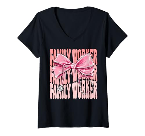 Damen Family Worker Week Day for Women Coquette Bow Stethoskop T-Shirt mit V-Ausschnitt Damen Family Worker Week Day for Women Coquette Bow Stethoskop T-Shirt mit V-Ausschnitt von Cute and Funny Groovy Coquette Family Worker