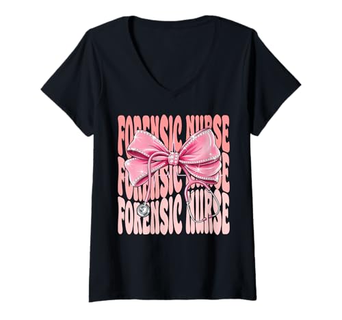 Damen Forensic Nurse Week Day for Women Coquette Bow Stethoskop T-Shirt mit V-Ausschnitt Damen Forensic Nurse Week Day for Women Coquette Bow Stethoskop T-Shirt mit V-Ausschnitt von Cute and Funny Groovy Coquette Forensic Nurse