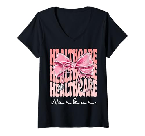 Damen Wochentag für Frauen im Gesundheitswesen, rosa Kokettenschleife T-Shirt mit V-Ausschnitt Damen Wochentag für Frauen im Gesundheitswesen, rosa Kokettenschleife T-Shirt mit V-Ausschnitt von Cute and Funny Groovy Coquette Healthcare Worker