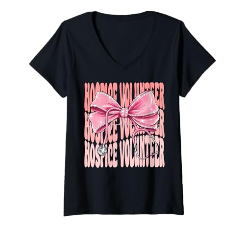 Damen Hospiz Volunteer Week Day für Frauen Rosa Kokette Bow T-Shirt mit V-Ausschnitt von Cute and Funny Groovy Coquette Hospice Volunteer
