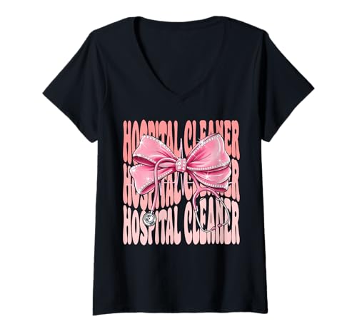Damen Krankenhausreiniger Wochentag für Frauen Rosa Kokette Schleife T-Shirt mit V-Ausschnitt Damen Krankenhausreiniger Wochentag für Frauen Rosa Kokette Schleife T-Shirt mit V-Ausschnitt von Cute and Funny Groovy Coquette Hospital Cleaner