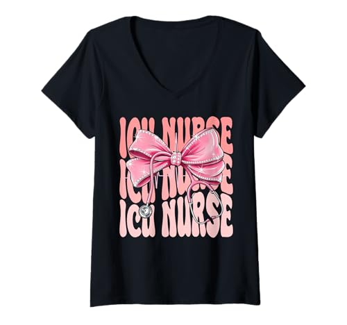 Damen ICU Nurse Week Day for Women Pink Coquette Bow Stethoskop T-Shirt mit V-Ausschnitt Damen ICU Nurse Week Day for Women Pink Coquette Bow Stethoskop T-Shirt mit V-Ausschnitt von Cute and Funny Groovy Coquette ICU Nurse