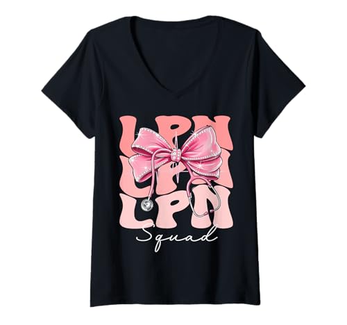 Damen LPN Squad Week Day for Women Pink Coquette Bow Stethoskop T-Shirt mit V-Ausschnitt Damen LPN Squad Week Day for Women Pink Coquette Bow Stethoskop T-Shirt mit V-Ausschnitt von Cute and Funny Groovy Coquette LPN Squad