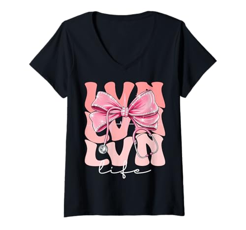 Damen LVN Life Week Day for Women Pink Coquette Bow Stethoskop T-Shirt mit V-Ausschnitt Damen LVN Life Week Day for Women Pink Coquette Bow Stethoskop T-Shirt mit V-Ausschnitt von Cute and Funny Groovy Coquette LVN Life