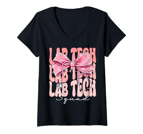 Damen Lab Tech Squad Week Day for Women Coquette Bow Stethoskop T-Shirt mit V-Ausschnitt Damen Lab Tech Squad Week Day for Women Coquette Bow Stethoskop T-Shirt mit V-Ausschnitt von Cute and Funny Groovy Coquette Lab Tech Squad