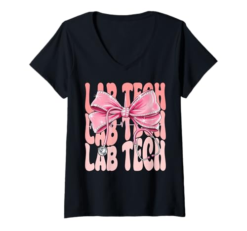 Damen Lab Tech Week Day for Women Pink Coquette Bow Stethoskop T-Shirt mit V-Ausschnitt Damen Lab Tech Week Day for Women Pink Coquette Bow Stethoskop T-Shirt mit V-Ausschnitt von Cute and Funny Groovy Coquette Lab Tech