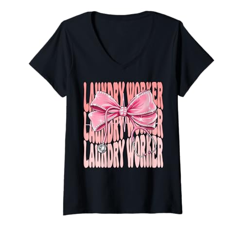 Damen Laundry Worker Week Day for Women Coquette Bow Stethoskop T-Shirt mit V-Ausschnitt Damen Laundry Worker Week Day for Women Coquette Bow Stethoskop T-Shirt mit V-Ausschnitt von Cute and Funny Groovy Coquette Laundry Worker