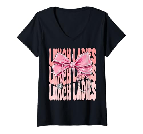 Damen Lunch Ladies Week Day for Women Coquette Bow Stethoskop T-Shirt mit V-Ausschnitt von Cute and Funny Groovy Coquette Lunch Ladies