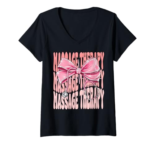 Damen Massagetherapie Woche Tag für Frauen Rosa Kokette Schleife T-Shirt mit V-Ausschnitt Damen Massagetherapie Woche Tag für Frauen Rosa Kokette Schleife T-Shirt mit V-Ausschnitt von Cute and Funny Groovy Coquette Massage Therapy