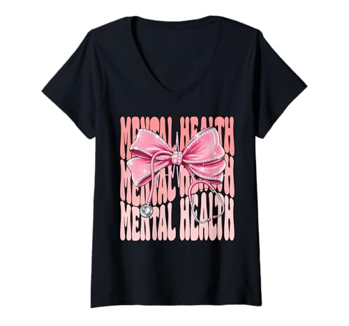 Damen Psychische Gesundheit Woche Tag für Frauen Kokette Bogen Stethoskop T-Shirt mit V-Ausschnitt Damen Psychische Gesundheit Woche Tag für Frauen Kokette Bogen Stethoskop T-Shirt mit V-Ausschnitt von Cute and Funny Groovy Coquette Mental Health