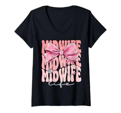 Damen Hebammen Life Week Day for Women Coquette Bow Stethoskop T-Shirt mit V-Ausschnitt Damen Hebammen Life Week Day for Women Coquette Bow Stethoskop T-Shirt mit V-Ausschnitt von Cute and Funny Groovy Coquette Midwife Life