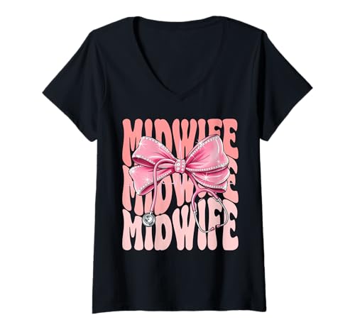 Damen Hebammenwochentag für Frauen, rosa Kokette mit Schleife, Stethoskop T-Shirt mit V-Ausschnitt Damen Hebammenwochentag für Frauen, rosa Kokette mit Schleife, Stethoskop T-Shirt mit V-Ausschnitt von Cute and Funny Groovy Coquette Midwife