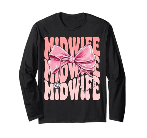 Hebammenwochentag für Frauen, rosa Kokette mit Schleife, Stethoskop Langarmshirt von Cute and Funny Groovy Coquette Midwife