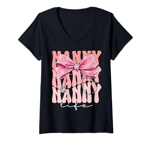 Damen Nanny Life Week Day for Women Pink Coquette Bow Stethoskop T-Shirt mit V-Ausschnitt Damen Nanny Life Week Day for Women Pink Coquette Bow Stethoskop T-Shirt mit V-Ausschnitt von Cute and Funny Groovy Coquette Nanny Life