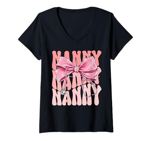 Damen Nanny Week Day for Women Pink Coquette Bow Stethoskop T-Shirt mit V-Ausschnitt von Cute and Funny Groovy Coquette Nanny