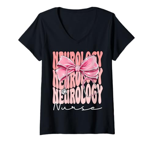 Damen Neurologie Krankenschwester Woche Tag für Frauen Rosa Kokette Schleife T-Shirt mit V-Ausschnitt von Cute and Funny Groovy Coquette Neurology Nurse