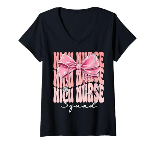 Damen Nicu Nurse Squad Week Day Kokettenschleife für Damen, Rosa T-Shirt mit V-Ausschnitt Damen Nicu Nurse Squad Week Day Kokettenschleife für Damen, Rosa T-Shirt mit V-Ausschnitt von Cute and Funny Groovy Coquette Nicu Nurse Squad