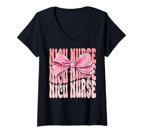 Damen Nicu Stethoskop für Damen, mit Schleife, Rosa T-Shirt mit V-Ausschnitt Damen Nicu Stethoskop für Damen, mit Schleife, Rosa T-Shirt mit V-Ausschnitt von Cute and Funny Groovy Coquette Nicu Nurse