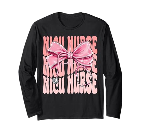 Nicu Stethoskop für Damen, mit Schleife, Rosa Langarmshirt von Cute and Funny Groovy Coquette Nicu Nurse