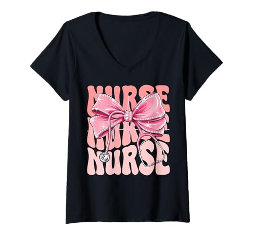 Damen Krankenschwesterwoche für Frauen, rosa Kokette mit Schleife, Stethoskop T-Shirt mit V-Ausschnitt von Cute and Funny Groovy Coquette Nurse