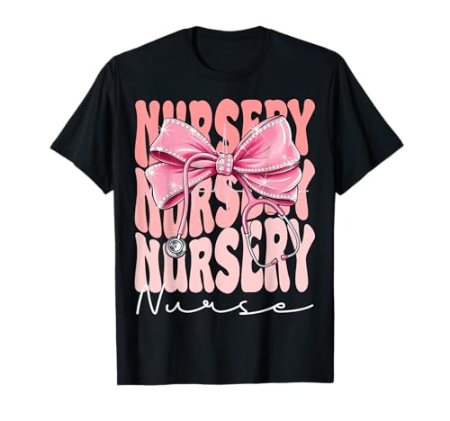 Nursery Nurse Week Day for Women Coquette Bow Stethoskop T-Shirt Nursery Nurse Week Day for Women Coquette Bow Stethoskop T-Shirt von Cute and Funny Groovy Coquette Nursery Nurse
