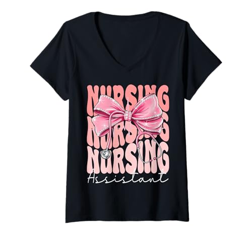 Damen Stillassistent Wochentag für Frauen Rosa Kokette Schleife T-Shirt mit V-Ausschnitt Damen Stillassistent Wochentag für Frauen Rosa Kokette Schleife T-Shirt mit V-Ausschnitt von Cute and Funny Groovy Coquette Nursing Assistant