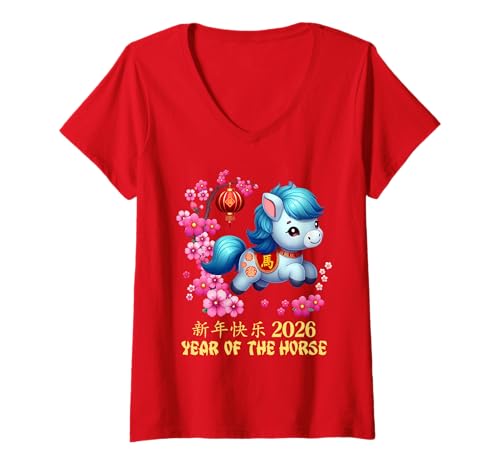 Damen Jahr des Pferdes Glücks Chinesisches Mondneujahr Sternzeichen 2026 Rot T-Shirt mit V-Ausschnitt Damen Jahr des Pferdes Glücks Chinesisches Mondneujahr Sternzeichen 2026 Rot T-Shirt mit V-Ausschnitt von Cute and Joyful Chinese New year and Holiday Gift