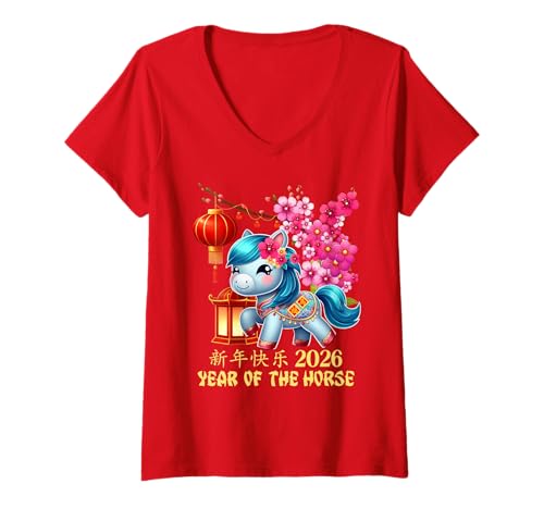 Damen Jahr des Pferdes Glücks Chinesisches Mondneujahr Sternzeichen 2026 Rot T-Shirt mit V-Ausschnitt Damen Jahr des Pferdes Glücks Chinesisches Mondneujahr Sternzeichen 2026 Rot T-Shirt mit V-Ausschnitt von Cute and Joyful Chinese New year and Holiday Gift
