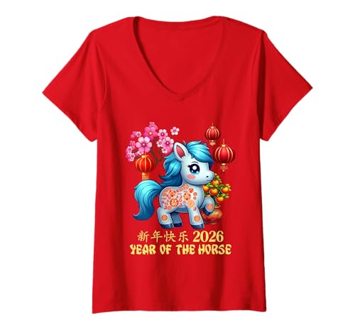 Damen Jahr des Pferdes Glücks Chinesisches Mondneujahr Sternzeichen 2026 Rot T-Shirt mit V-Ausschnitt von Cute and Joyful Chinese New year and Holiday Gift
