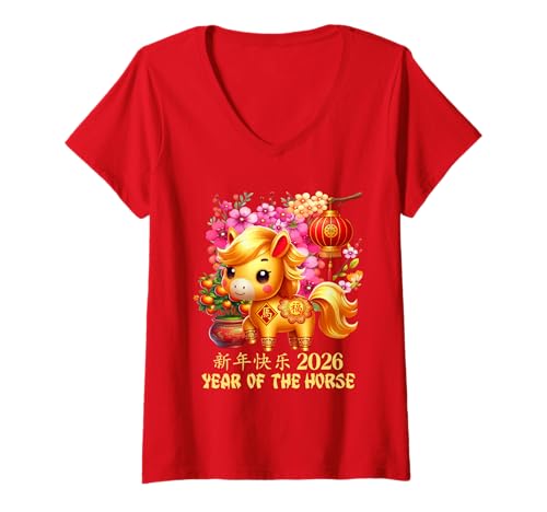 Damen Jahr des Pferdes Glücks Chinesisches Mondneujahr Sternzeichen 2026 Rot T-Shirt mit V-Ausschnitt Damen Jahr des Pferdes Glücks Chinesisches Mondneujahr Sternzeichen 2026 Rot T-Shirt mit V-Ausschnitt von Cute and Joyful Chinese New year and Holiday Gift