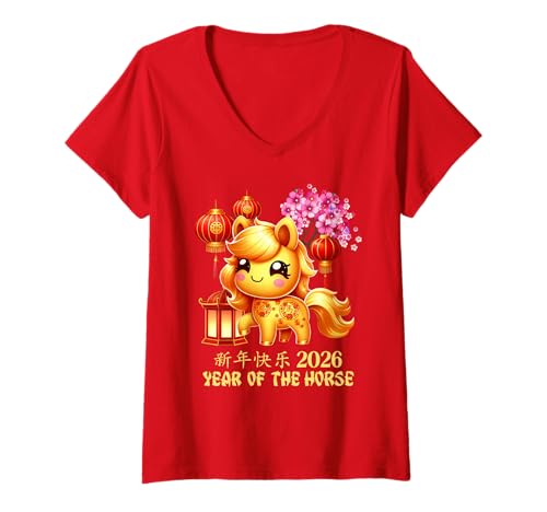 Damen Jahr des Pferdes Glücks Chinesisches Mondneujahr Sternzeichen 2026 Rot T-Shirt mit V-Ausschnitt von Cute and Joyful Chinese New year and Holiday Gift