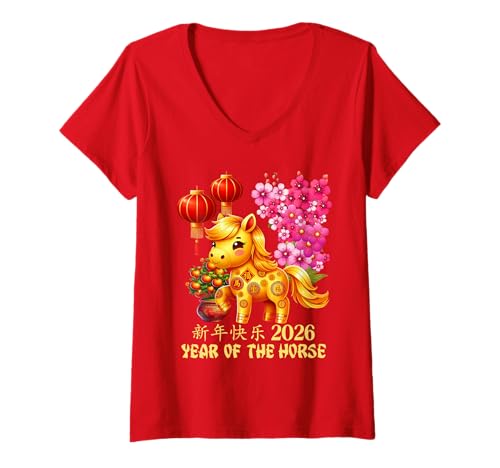 Damen Jahr des Pferdes Glücks Chinesisches Mondneujahr Sternzeichen 2026 Rot T-Shirt mit V-Ausschnitt Damen Jahr des Pferdes Glücks Chinesisches Mondneujahr Sternzeichen 2026 Rot T-Shirt mit V-Ausschnitt von Cute and Joyful Chinese New year and Holiday Gift