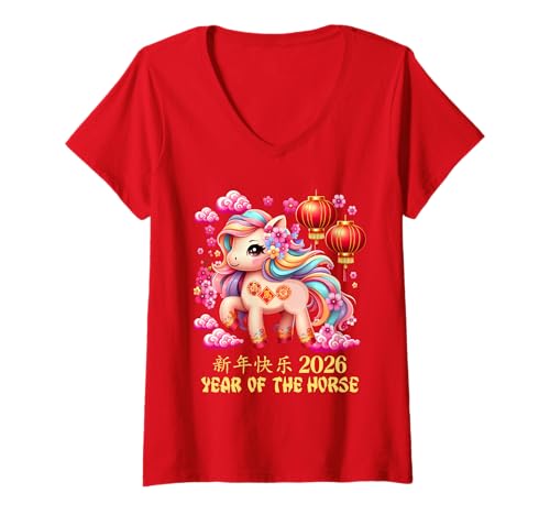 Damen Jahr des Pferdes Glücks Chinesisches Mondneujahr Sternzeichen 2026 Rot T-Shirt mit V-Ausschnitt Damen Jahr des Pferdes Glücks Chinesisches Mondneujahr Sternzeichen 2026 Rot T-Shirt mit V-Ausschnitt von Cute and Joyful Chinese New year and Holiday Gift