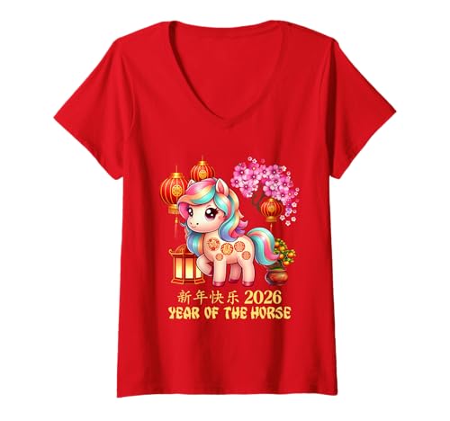 Damen Jahr des Pferdes Glücks Chinesisches Mondneujahr Sternzeichen 2026 Rot T-Shirt mit V-Ausschnitt Damen Jahr des Pferdes Glücks Chinesisches Mondneujahr Sternzeichen 2026 Rot T-Shirt mit V-Ausschnitt von Cute and Joyful Chinese New year and Holiday Gift