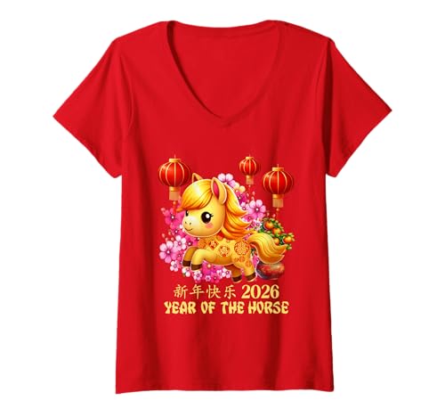 Damen Jahr des Pferdes Glücks Chinesisches Mondneujahr Sternzeichen 2026 Rot T-Shirt mit V-Ausschnitt Damen Jahr des Pferdes Glücks Chinesisches Mondneujahr Sternzeichen 2026 Rot T-Shirt mit V-Ausschnitt von Cute and Joyful Chinese New year and Holiday Gift