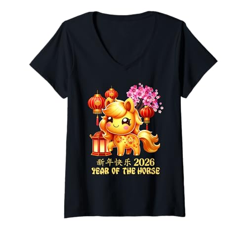Damen Jahr des Pferdes Glücks Chinesisches Mondneujahr Sternzeichen 2026 T-Shirt mit V-Ausschnitt Damen Jahr des Pferdes Glücks Chinesisches Mondneujahr Sternzeichen 2026 T-Shirt mit V-Ausschnitt von Cute and Joyful Chinese New year and Holiday Gift