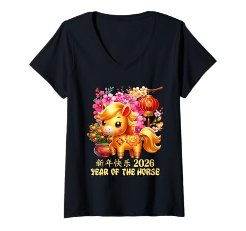 Damen Jahr des Pferdes Glücks Chinesisches Mondneujahr Sternzeichen 2026 T-Shirt mit V-Ausschnitt von Cute and Joyful Chinese New year and Holiday Gift