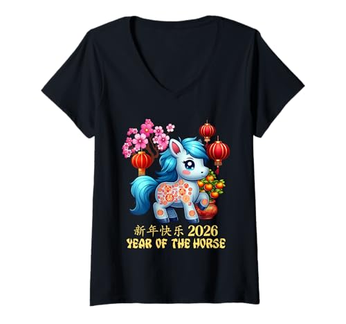 Damen Jahr des Pferdes Glücks Chinesisches Mondneujahr Sternzeichen 2026 T-Shirt mit V-Ausschnitt von Cute and Joyful Chinese New year and Holiday Gift