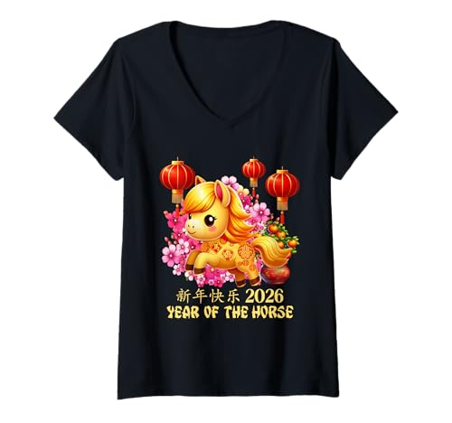 Damen Jahr des Pferdes Glücks Chinesisches Mondneujahr Sternzeichen 2026 T-Shirt mit V-Ausschnitt Damen Jahr des Pferdes Glücks Chinesisches Mondneujahr Sternzeichen 2026 T-Shirt mit V-Ausschnitt von Cute and Joyful Chinese New year and Holiday Gift