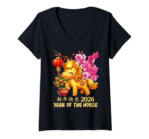 Damen Jahr des Pferdes Glücks Chinesisches Mondneujahr Sternzeichen 2026 T-Shirt mit V-Ausschnitt Damen Jahr des Pferdes Glücks Chinesisches Mondneujahr Sternzeichen 2026 T-Shirt mit V-Ausschnitt von Cute and Joyful Chinese New year and Holiday Gift
