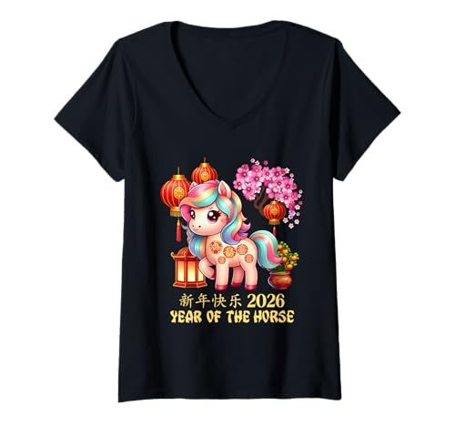 Damen Jahr des Pferdes Glücks Chinesisches Mondneujahr Sternzeichen 2026 T-Shirt mit V-Ausschnitt Damen Jahr des Pferdes Glücks Chinesisches Mondneujahr Sternzeichen 2026 T-Shirt mit V-Ausschnitt von Cute and Joyful Chinese New year and Holiday Gift