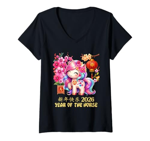 Damen Jahr des Pferdes Glücks Chinesisches Mondneujahr Sternzeichen 2026 T-Shirt mit V-Ausschnitt von Cute and Joyful Chinese New year and Holiday Gift