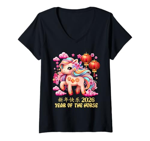 Damen Jahr des Pferdes Glücks Chinesisches Mondneujahr Sternzeichen 2026 T-Shirt mit V-Ausschnitt von Cute and Joyful Chinese New year and Holiday Gift