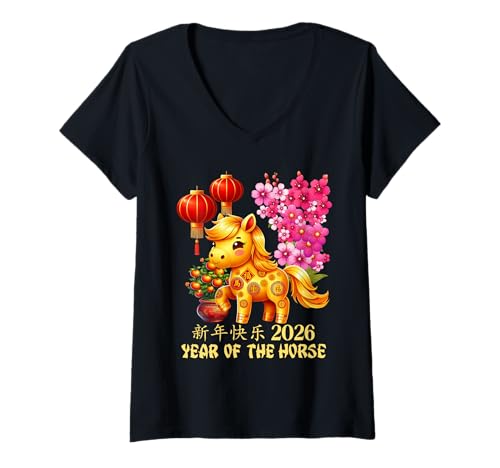 Damen Jahr des Pferdes Glücks Chinesisches Mondneujahr Sternzeichen 2026 T-Shirt mit V-Ausschnitt Damen Jahr des Pferdes Glücks Chinesisches Mondneujahr Sternzeichen 2026 T-Shirt mit V-Ausschnitt von Cute and Joyful Chinese New year and Holiday Gift
